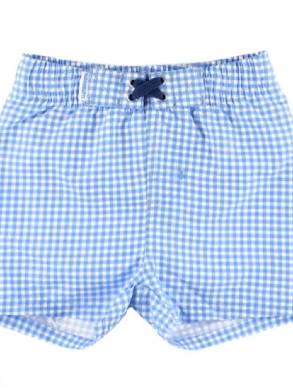 Kids Light Blue Gingham Swim Shorts with Navy Drawstring